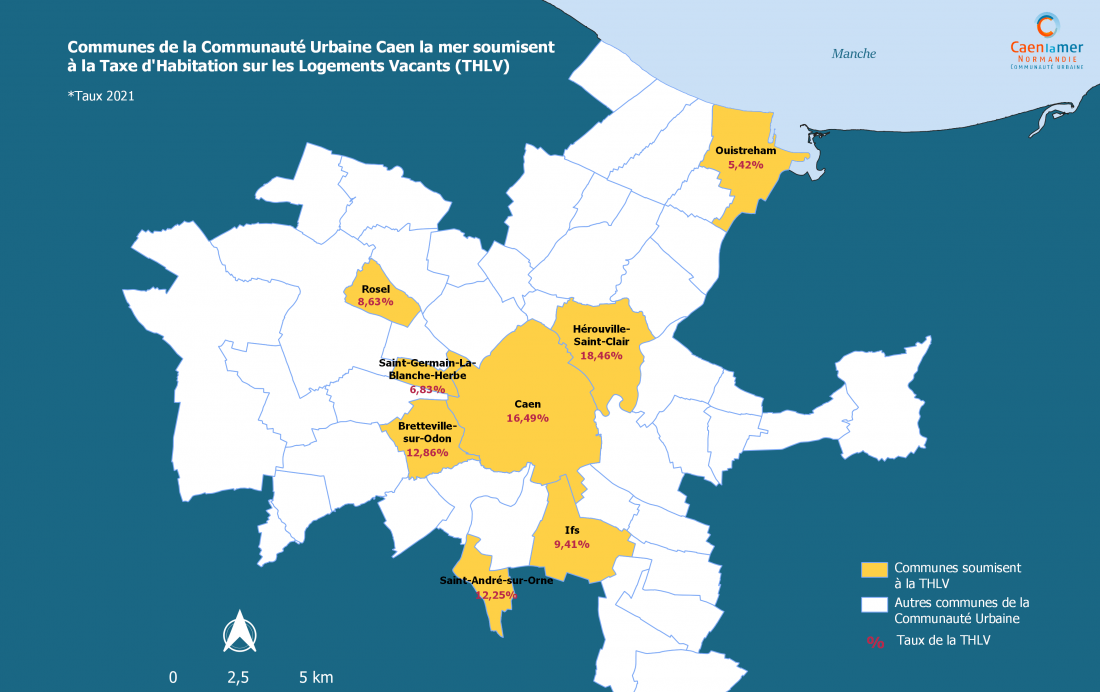 Carte des taux de taxe d'habitation pour les logements vacants dans les communes de Caen la mer