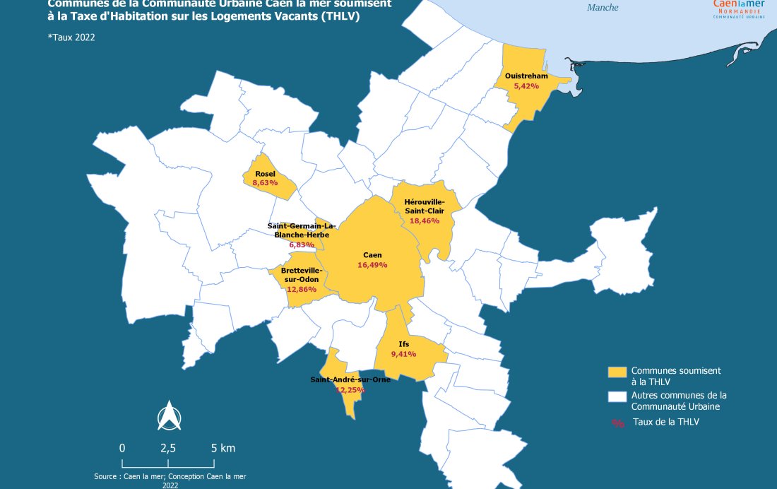 Carte des taux de taxe d'habitation pour les logements vacants dans les communes de Caen la mer
