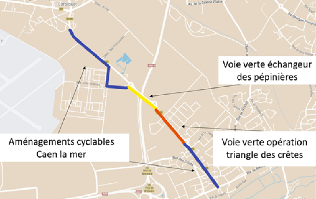 plan aménagements cyclables entre Bretteville-sur-Odon et Carpiquet